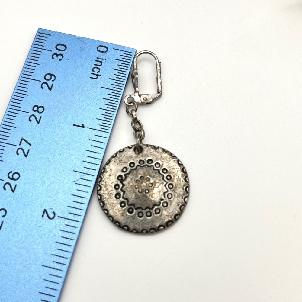 Vintage Style Silver Tone Stamped Medallion Dangle Earrings Leverback Boho - Picture 2 of 5